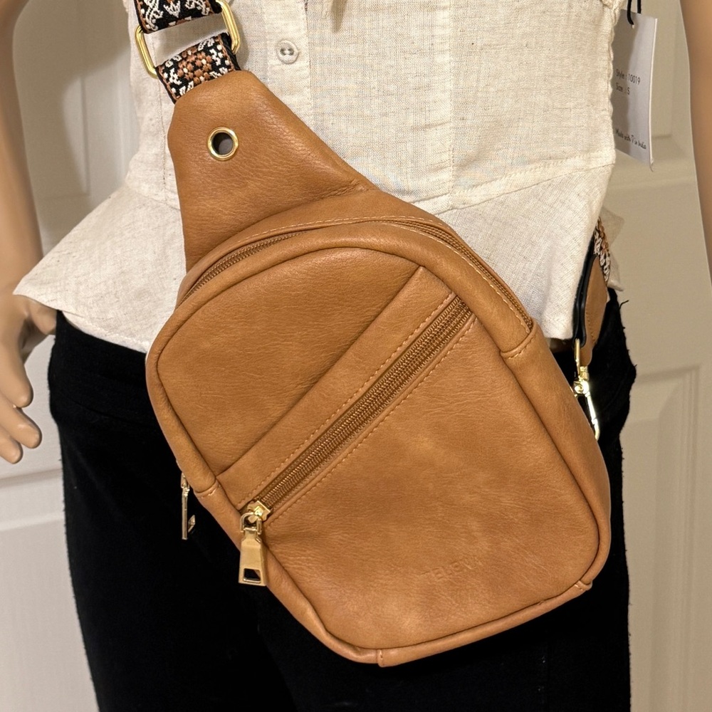 Telena Tan Sling Crossbody Handbag Adjustable Strap Vegan Leather Fanny Pack - Picture 9 of 10